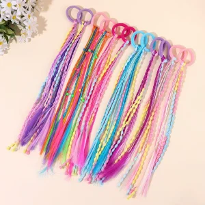 CN 2PCS Rainbow Fake Braid Nylon Ponytails Long Tails Gradient Multi Colors Party Braid Hair Rubber Ties