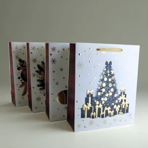 CS59 Festive Christmas Paper Gift Bags with Handles Medium Size Xmas Tree Design