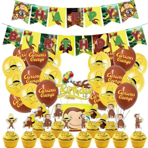 CURlOUS George Birthday Party Decorations Set Includes Banner Cake Topper Balloons Bunting Hanging Swirls for Kids Boys Girls