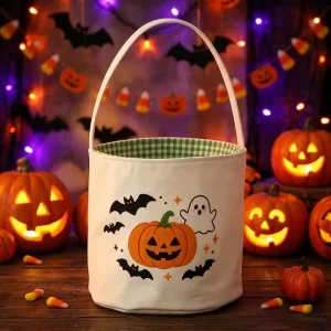 Candy Halloween Basket Gingham Trick or Treat Bag Embroidered Pumpkin Face Halloween Buckets