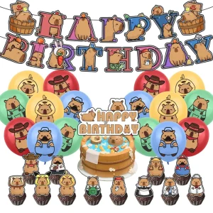 Capybara Happy Birthday Party Supplies Balloons Decoration Birthday Theme with Cupcake Toppers and Hanging Swirls