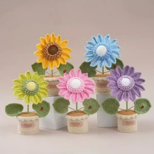 Car Decoration Artificial Handmade Knitted Crocheted Flower Potted Big Size Crochet Sunflower Pot Chinese New Year Christmas