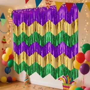 Carnival Banner Garland Rain Curtain Purple Gold Green Wavy Tassel Curtain Pull Flag New Orleans Festival Party Decoration