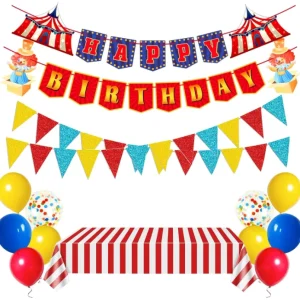 Carnival Circus Theme Birthday Party Hanging Happy Birthday Flags Banners Garland Latex Confetti Balloon Toy Tablecloth Supplies