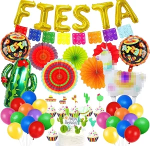 Carnival Fiesta Party Hanging Banners Fans Garland Fiesta Cactus Pinata Cupcake Toppers and Foil Balloons Toys Photo Props Decor