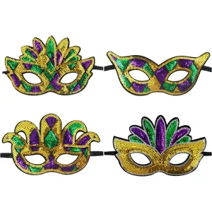 Carnival Masquerade Glitter Mask for Mardi Gras Party Sequin Face Masks with Accessories Party Decorations