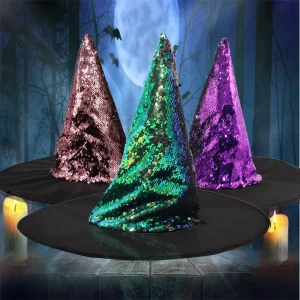 Carnival Party Halloween Ball Performance Decorations Green Purple Brown Shine Fabric Witch Hat
