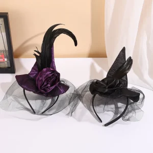 Carnival Party Halloween Ball Supplies Witch Hat Headband Vintage High End with Mesh and Feathers Witch Hats