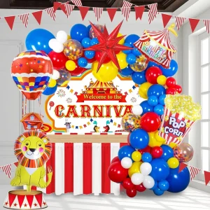 Carnival Red Blue Yellow Balloon Garland Kit Lion Popcorn Hot Air Balloon Rainbow for Carnival Party Decorations