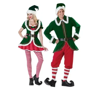 Carnival Santa Claus Green Elf Costume Christmas Jolly Fancy Party Green Velvet Couple Dress Cosplay