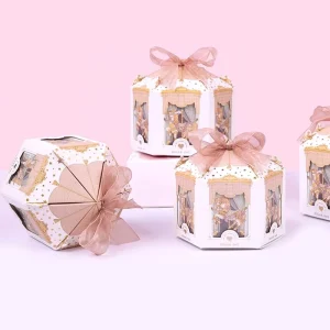 Carousel Hexagon Ribbon Paper Gift Sweet Candy Box for Baby Shower Wedding Birthday Holiday Party Gifts Packaging