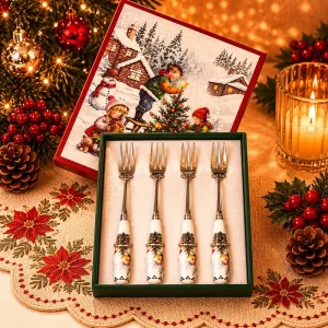 Cartoon Christmas Eco-Friendly 4-Piece Forks With Gift Box Stainless Steel Dessert & Coffee Fork Set Tableware