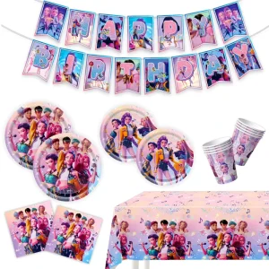 Cartoon Demon Hunter Girl Group 10 Guest Birthday Party Pack HBD Banner Paper Plates Anime Themed Fan’s Gathering Return Gifts
