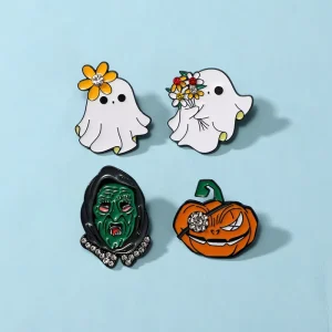 Cartoon Halloween Enamel Pin Set Ghost Pumpkin Devil Alloy Rhinestone Brooch for Clothes Bag
