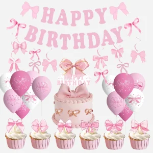 Cartoon Pink Bow Disposable Party Supplies Set Birthday Party Custom Banner and Balloon Children’s Birthday Decoration