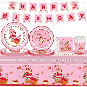 Cartoon Pink Strawberry Doll Theme Children Birthday Party Supplies Set Durable Paper Napkins Decorations Girls