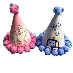 Cartoon Printed Kids Birthday Party Hats With Pom Pom Adjustable Cone Photo Booth Props Party Decorations Supplies