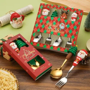 Cartoon Santa Claus Elk Sustainable Party Flatware Set Stainless Steel Spoon Fork Dishwasher Safe Reusable Durable