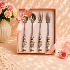 Cartoon Wedding Print Eco-Friendly 4-Piece Spoons and Forks Gift Box Stainless Steel Dessert & Coffee Fork Set Tableware