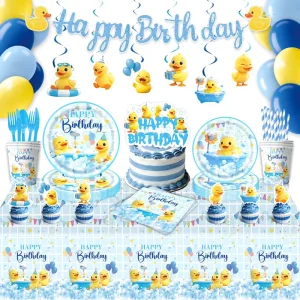 Cartoon Yellow Duck Themed Tableware Party Supplies Birthday Props Decor Paper Plates Napkins Banner Balloons Tablecloth