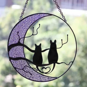 Cat Moon Tree Art Deco Stained Glass Sun Catcher Decoration Pet Lover Gift Friends Window Suncatcher Custom Anniversary Gift