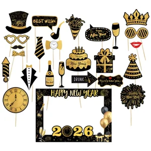 Celebrate the New Year Glamorous Black Gold New Year Decorations Handheld Photo Prop Set Party Photo Props