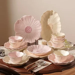 Ceramic Dinnerware Set Dinnerware Plate Home Use Model Matte Pink Yellow Painting Handmade Gift for Wedding Celebration