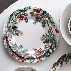 Ceramic Dinnerware Set Xmas Floral Print Plates Bowls Mugs for Home Holiday Daily Dining Table Use