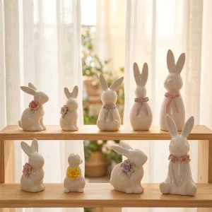 Ceramic Easter Rabbit With Flower Indoor Ceramic Rabbit Figurines Porcelain Rabbits