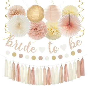 Champagne Gold Beige Bridal Shower Paper Lanterns Wedding Streamers Garland Peach Tissue Pom Poms Flower Fan Decorations