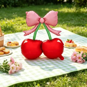Cherry Bow Foil Balloon Cute Red Cherry with Pink Bow Design Picnic Fruit Themed Birthday Party Decor Globos