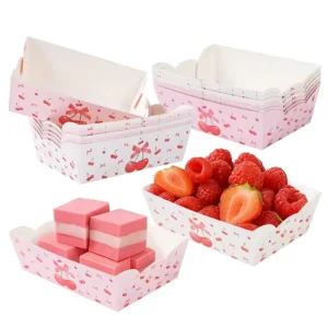 Cherry Themed Paper Food Trays Disposable Pink Bow Pattern Snack Boats for Birthdays Baby Showers Sweet Celebrations