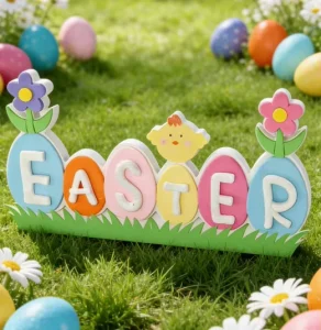 Chick Easter Themed Egg Shaped “EASTER” Decorative Ornament Wooden Spring Atmosphere Style