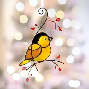 Chickadee Art Deco Stained Glass Bird Suncatcher Yellow Bird on Branch Window Hanging Ornament Christmas Gift for Mom