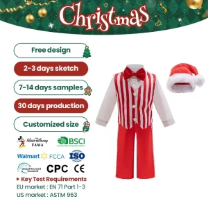 Children Christmas Costume Set Striped Vest Pants Bow Tie Plush Santa Hat Festival Cosplay Unisex OEM ODM Service
