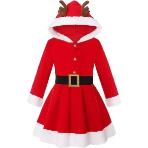 Children Christmas Party Red Hooded Dresses Cute Santa Costume Festive Holiday Dress