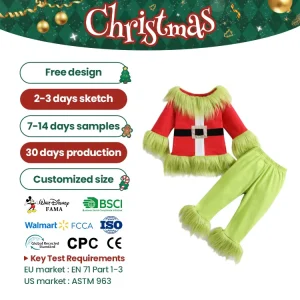 Children Grinch Inspired Unisex TV Movie Outfit Faux Fur Trim Top Pants Suits for Holiday Cosplay New Year Party
