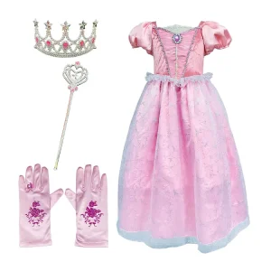 Children Pink Satin Princess Outfit Dress & Crown & Wand & Gloves with Gem Decoration for Birthday Cosplay