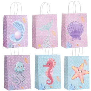 Children’s Birthday Gift Bag Square Ocean Series Mermaid Design Kraft Paper Shopping Party Tote Bag
