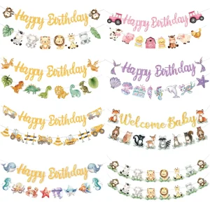 Children’s Birthday Party Banners Mermaid Cartoon Design with Jungle Animals Festive Paper Banner Decorations Happy Birthday
