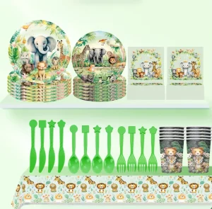 Children’s Birthday Party Supplies Tableware Set Animal Forest Cartoon Theme Decorations Paper Plate Tablecloth Tableware Set