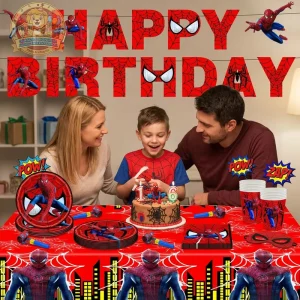 Children’s Cartoon Spider Man Birthday Party Supplies 3 Color Paper Plate Tablecloth & Flag Pulling Decoration Set