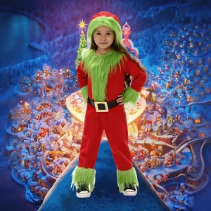 Children’s Christmas Green Monster Costume Premium Soft & Comfy Full Body Roleplay Suit for Holiday Events & Dress Up Fun