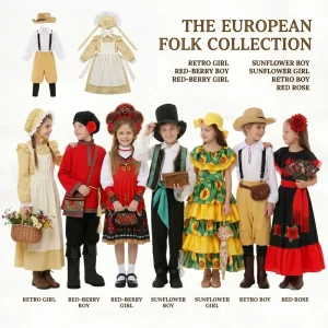 Children’s European Folk Costume Retro Sunflower Red Berry Floral Dress National Halloween Stage Costume