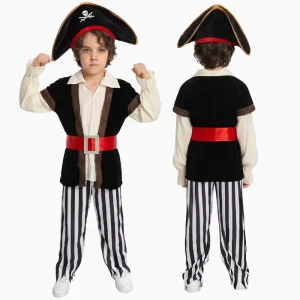 Children’s Halloween Pirate Captain Cosplay Costume Set Hat Headband Vest for Boys Polyester for Performance Festival