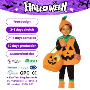 Children’s High Quality Western Style Comfortable Breathable Lil’ Pumpkin Halloween 3 Piece Plush Jumpsuit Costume Set