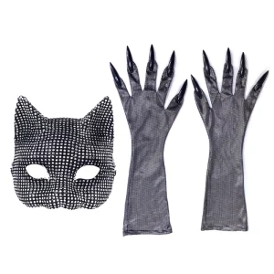 Children’s Unisex Halloween Plastic Rhinestone-Embellished Catwoman Mask Glove Set Long-Style COSPLAY Ball Gown