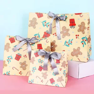 China Factory Custom Printing Christmas Holiday Packaging Paper Gift Bags With Handle and Bow Tie