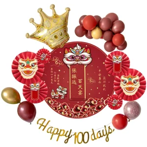 Chinese Birthday Decorations Lion Dance Backdrops Celebration Decorations and Chinese Paper Fan Flower Wall Hangings
