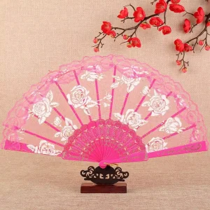 Chinese Spanish Style Dance Plastic Handheld Fan Custom Lace Edge Rose Flower Folding Hand Fans for Wedding Party